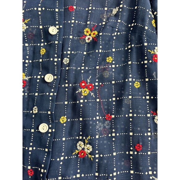 Vtg Womens JULIE MILLER California Blouse  Hand Embroidered Sheer Shirt Navy Sz6 - Picture 6 of 10